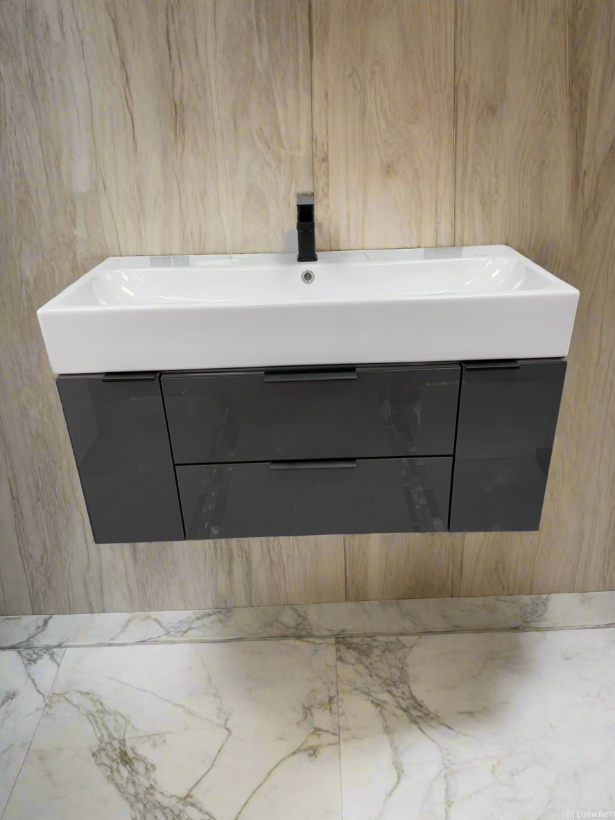 Porto Anthracite 1000mm 2-Draw Wall Hung Bathroom Vanity unit with Two-Door Storage unit Inc Nano Glazed Ceramic Basin