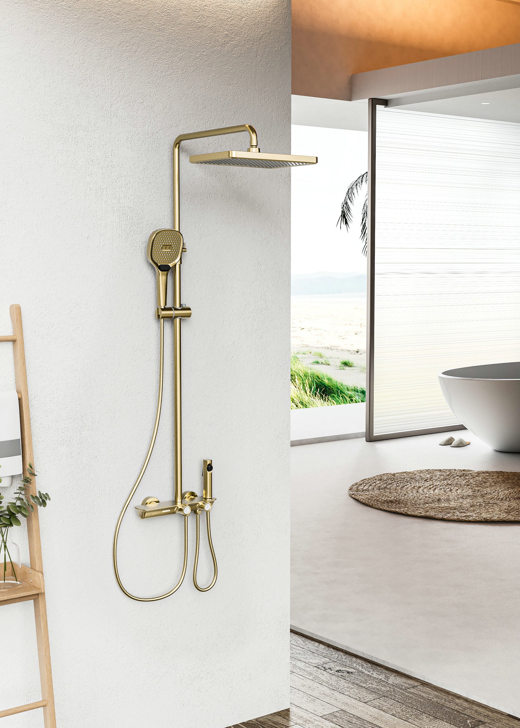 Novo Timeless Thermostatic Brushed Brass Modern Mixer Shower System 4-Function Solid Brass