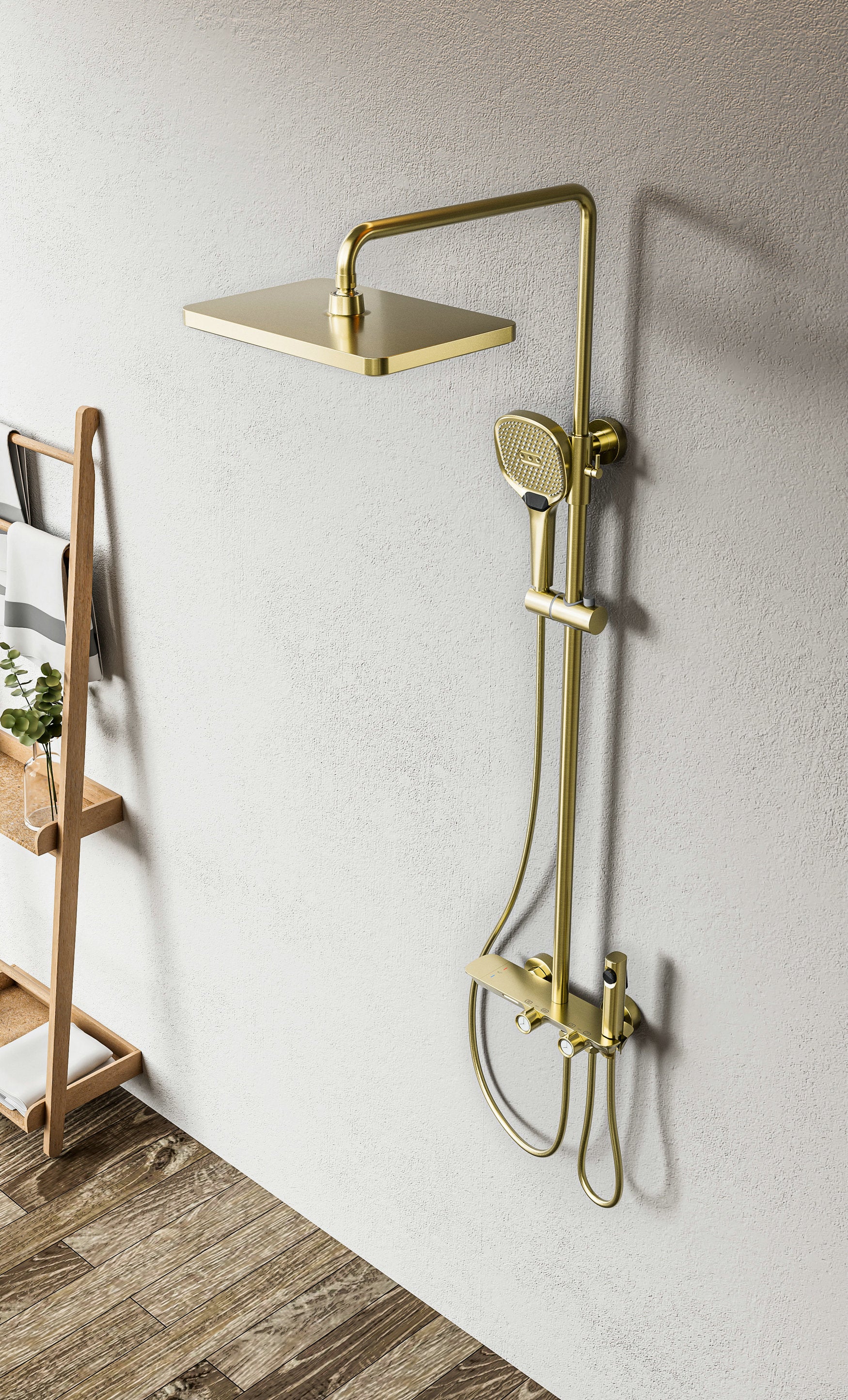 Novo Timeless Thermostatic Brushed Brass Modern Mixer Shower System 4-Function Solid Brass