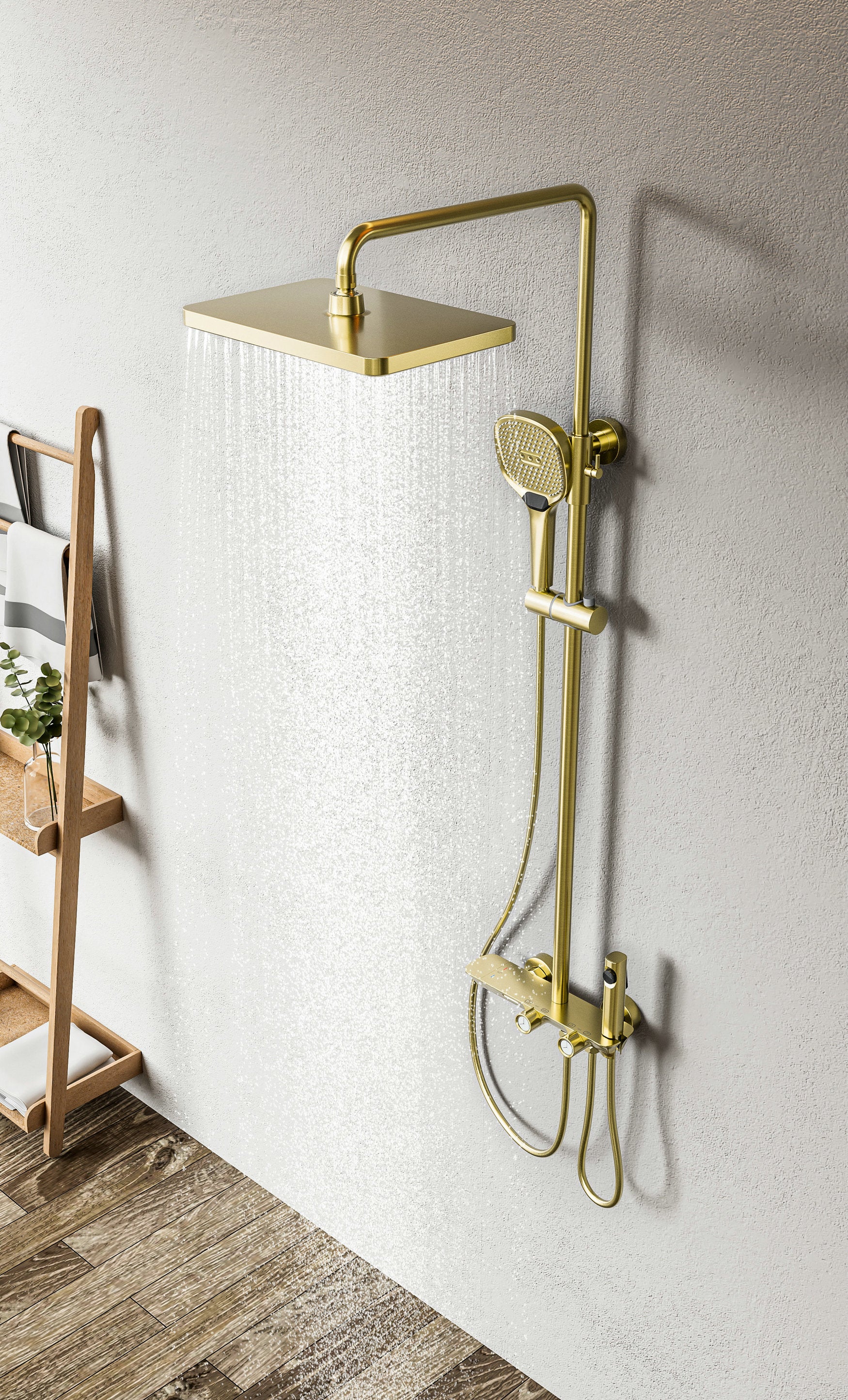 Novo Timeless Thermostatic Brushed Brass Modern Mixer Shower System 4-Function Solid Brass
