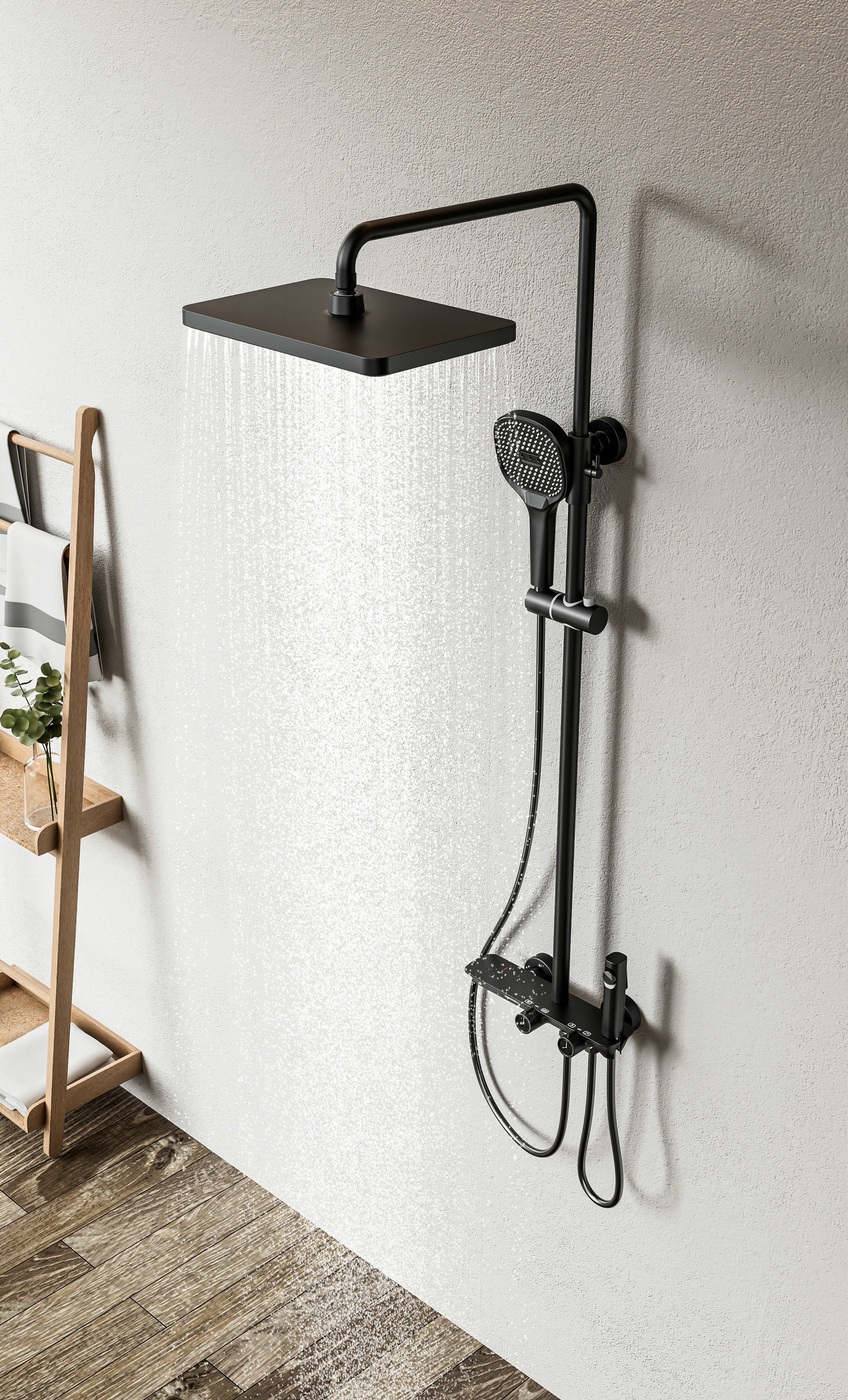 Novo Timeless Thermostatic Matt Black Modern Mixer Shower System 4-Function Solid Brass