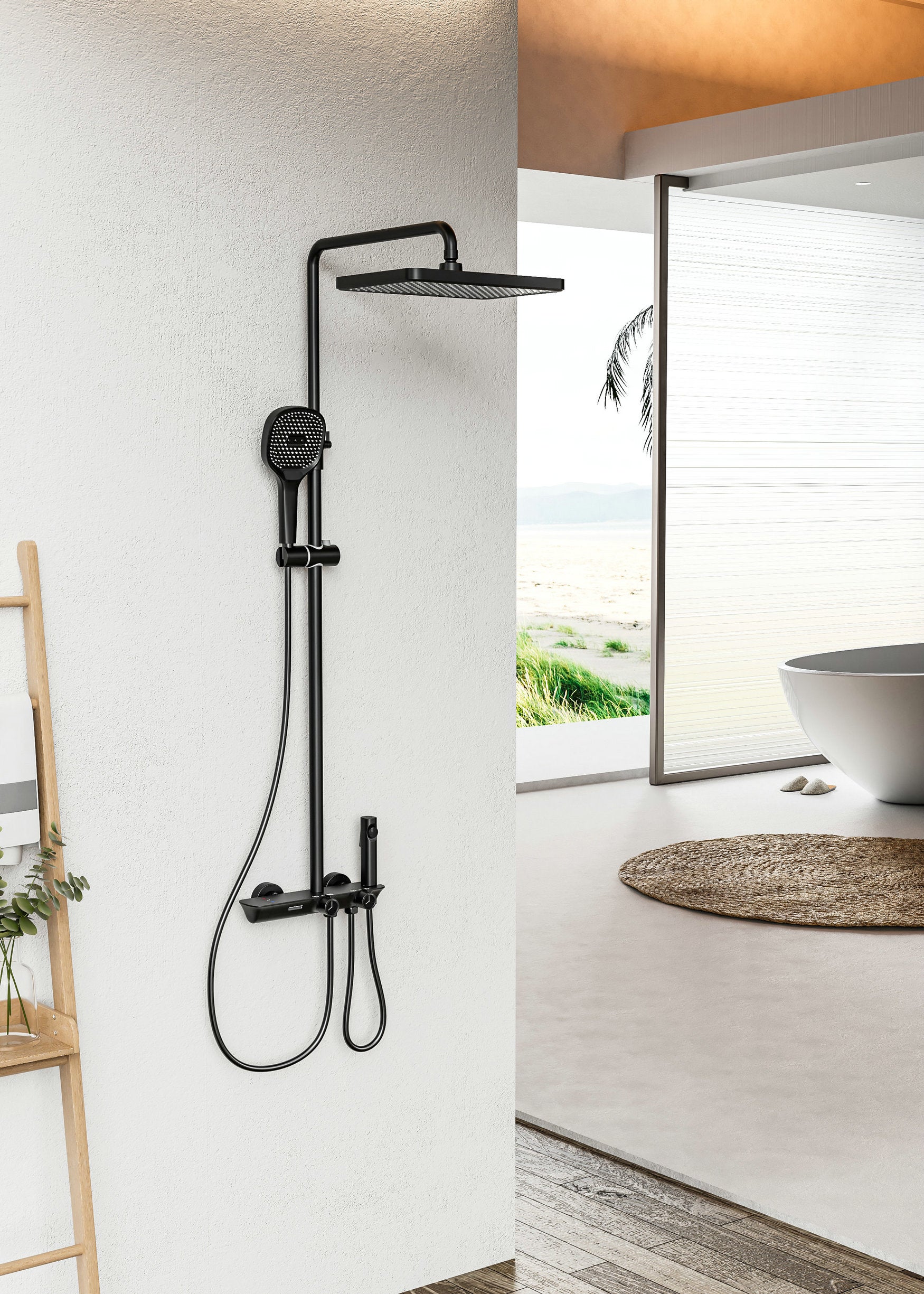 Novo Timeless Thermostatic Matt Black Modern Mixer Shower System 4-Function Solid Brass