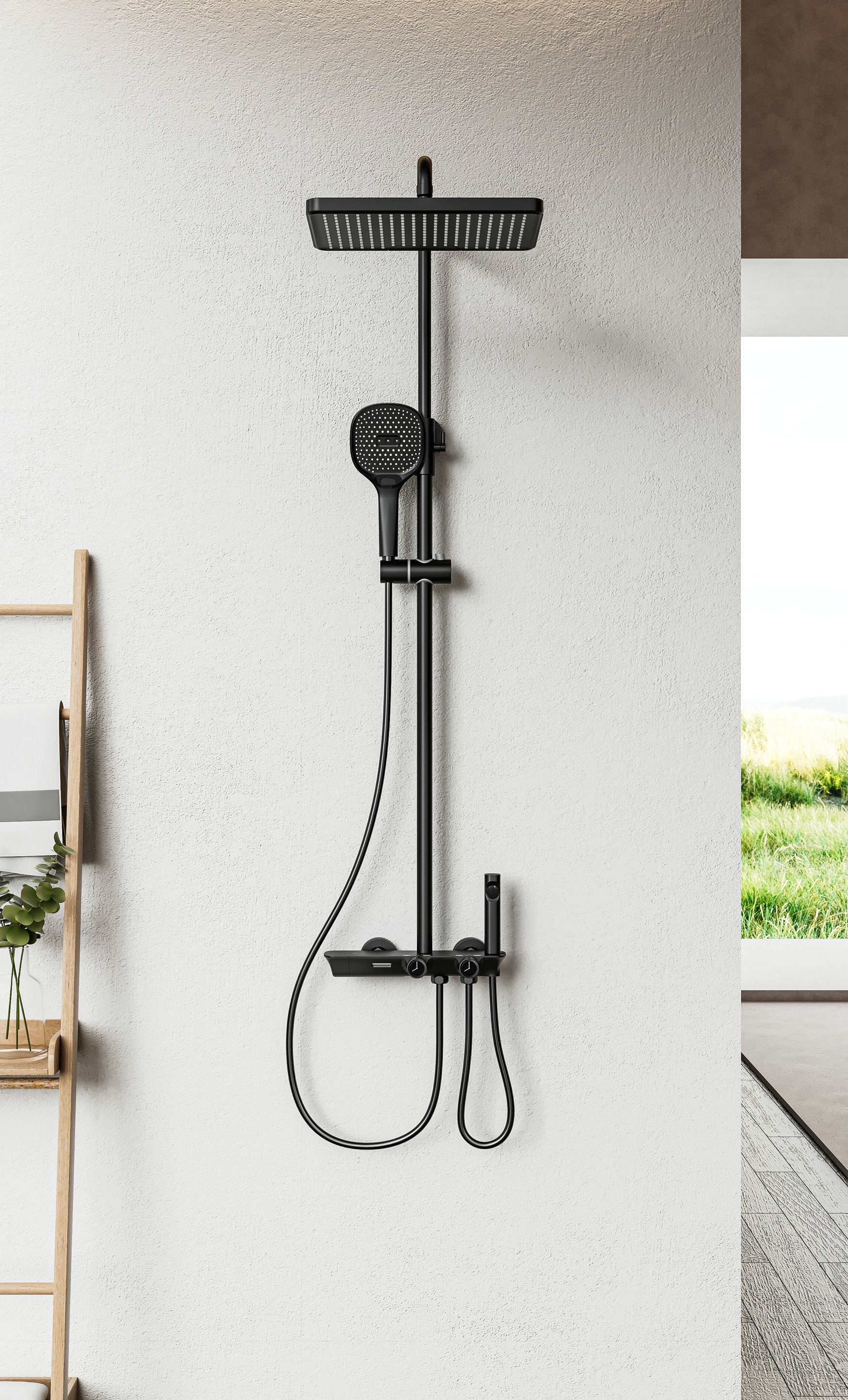 Novo Timeless Thermostatic Matt Black Modern Mixer Shower System 4-Function Solid Brass
