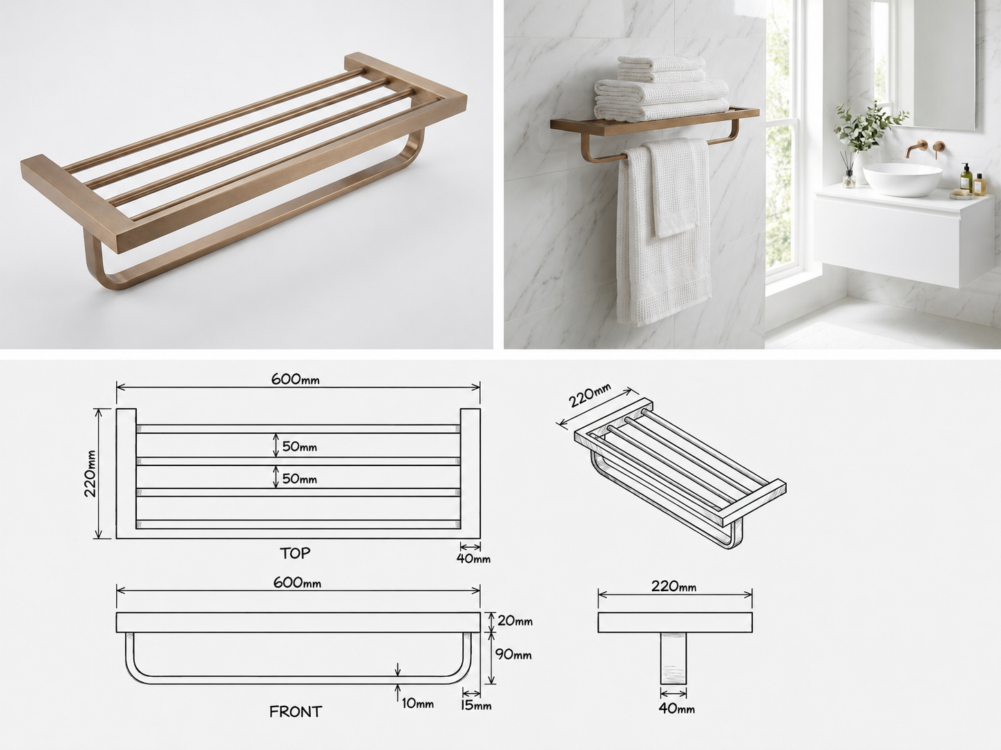 Novo Double Towel Rail with Towel Rack Brushed Bronze