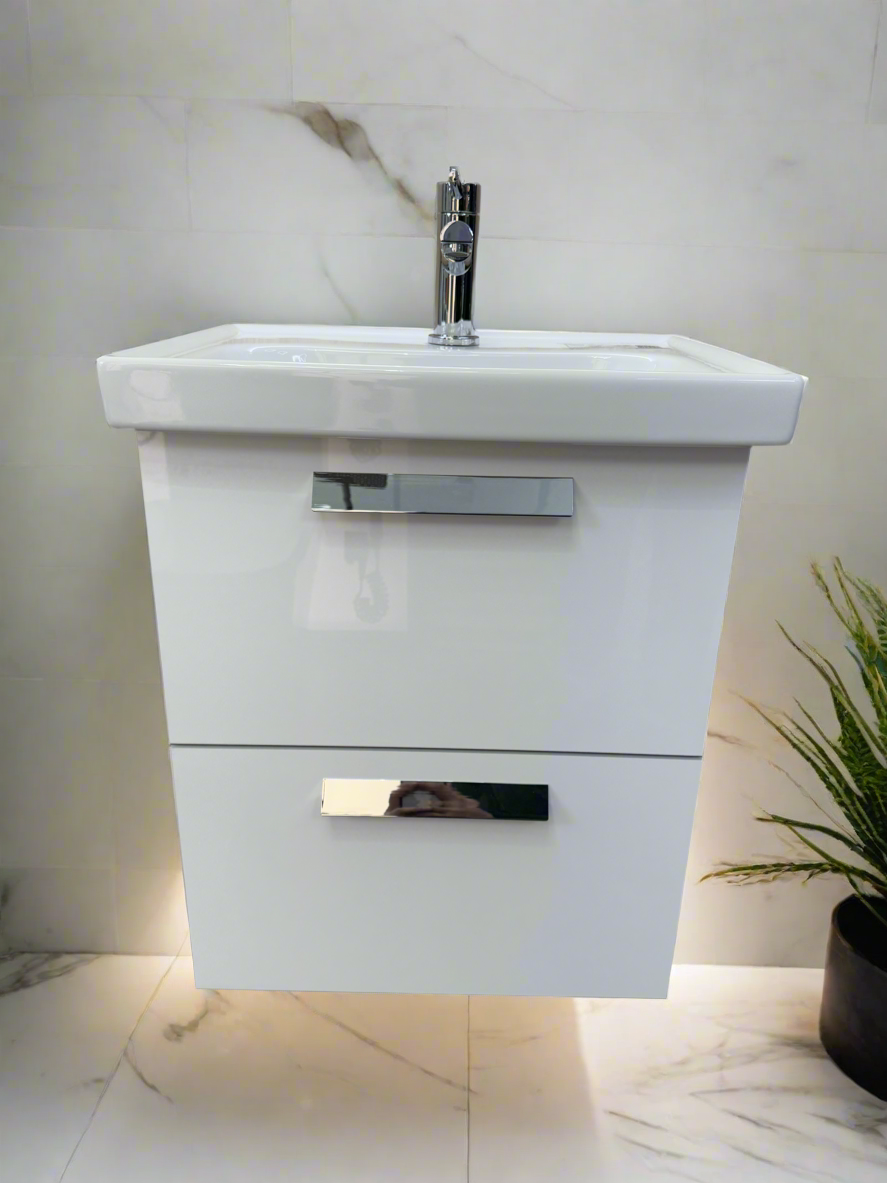Novo Frame 500mm White Gloss 2-Draw Wall Hung Bathroom Vanity Unit with Nano Glazed Ceramic Basin