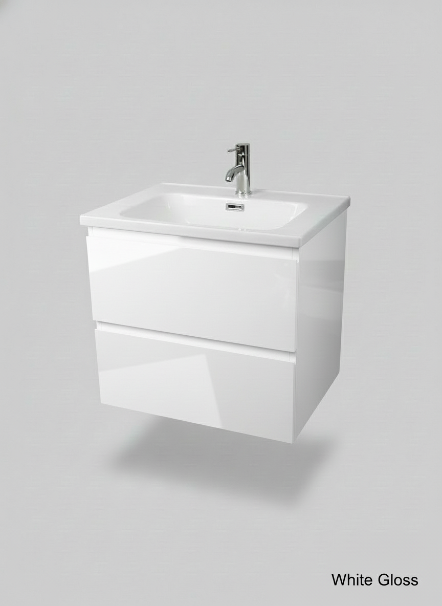 1175-60 600mm Opus White Matt 2-Draw Handleless Wall Hung Bathroom Vanity Unit with Nano Glazed Ceramic Basin