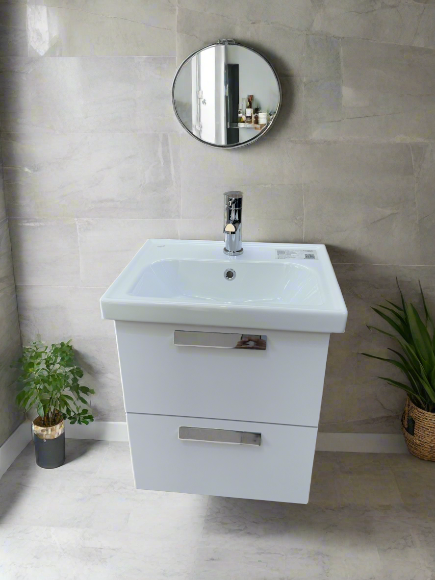 Novo Frame 500mm White Gloss 2-Draw Wall Hung Bathroom Vanity Unit with Nano Glazed Ceramic Basin