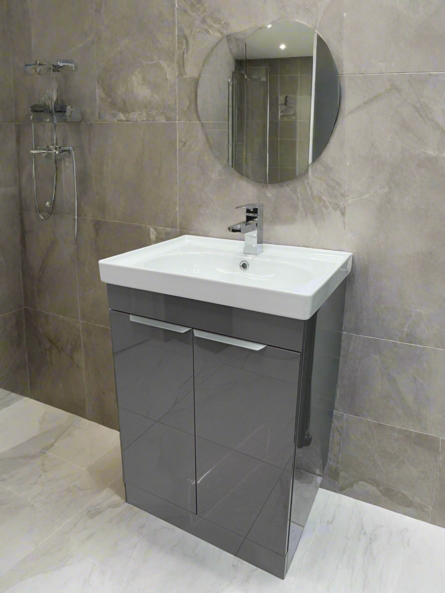 Novo 600mm Arya Smoke Grey 2-Door Floorstanding Vanity unit with Nano Glazed Ceramic Basin