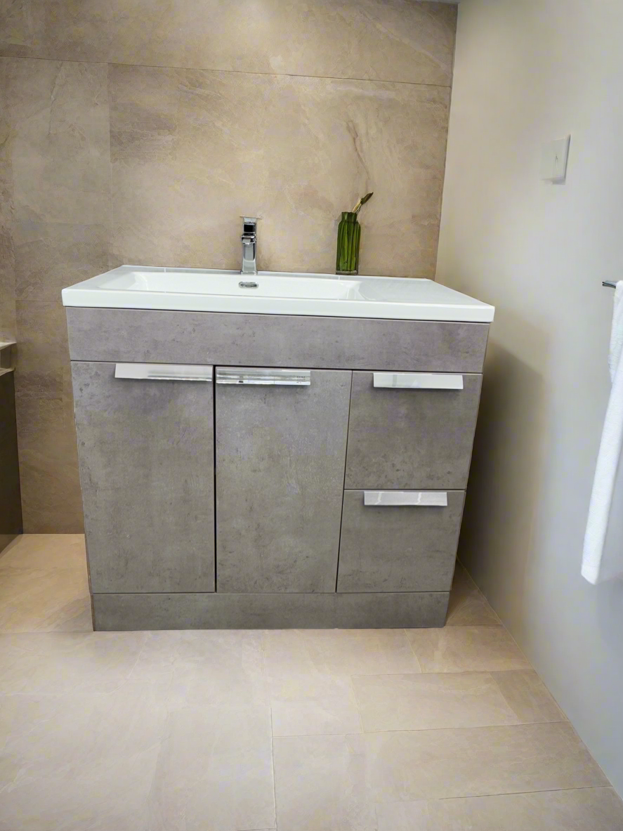 Novo 1187-90 Concrete Matt 2-Door inc Double Draw storage Floor standing Vanity unit with Ceramic Basin