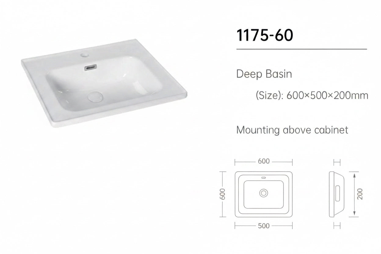 1175-60 600mm Opus White Matt 2-Draw Handleless Wall Hung Bathroom Vanity Unit with Nano Glazed Ceramic Basin