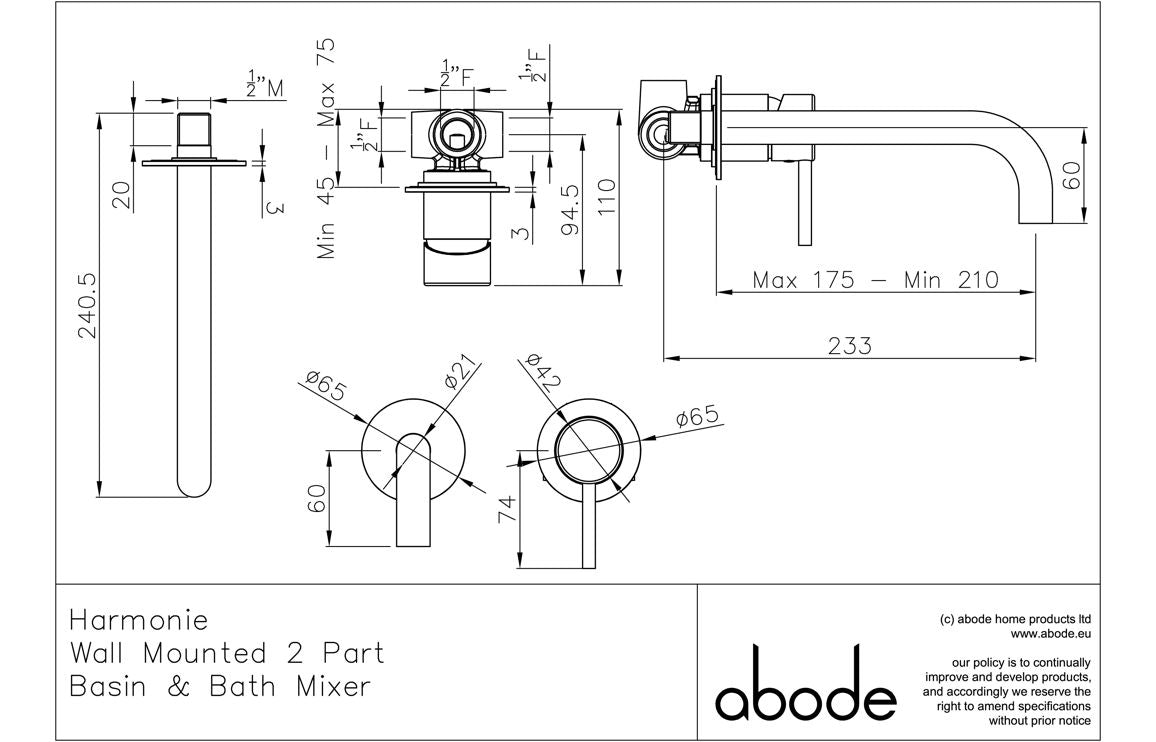 Abode Harmonie Wall Mounted Basin / Bath Mixer - Chrome