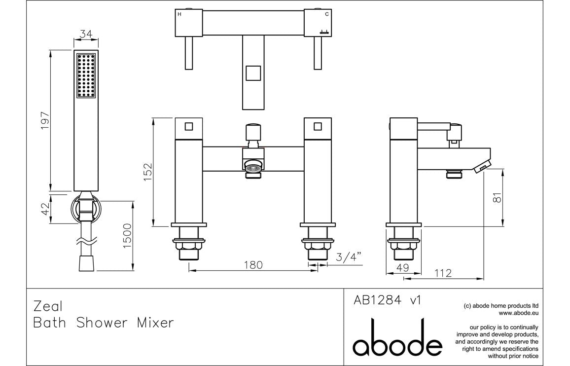 Abode Zeal Deck Mounted Bath Shower Mixer with Shower Handset - Chrome