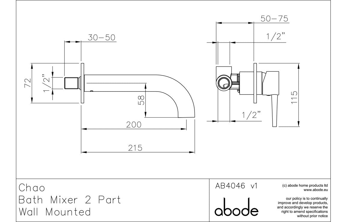 Abode Chao Wall Mounted 2-Hole Bath Mixer - Chrome