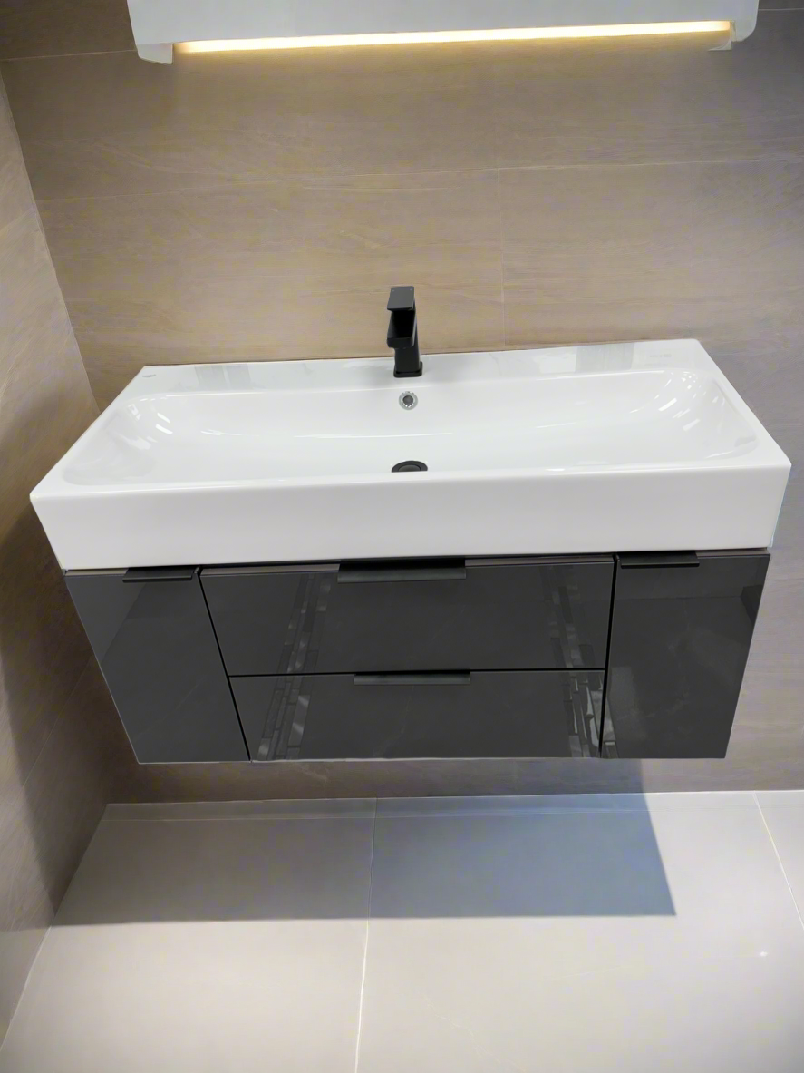Porto Anthracite 1000mm 2-Draw Wall Hung Bathroom Vanity unit with Two-Door Storage unit Inc Nano Glazed Ceramic Basin