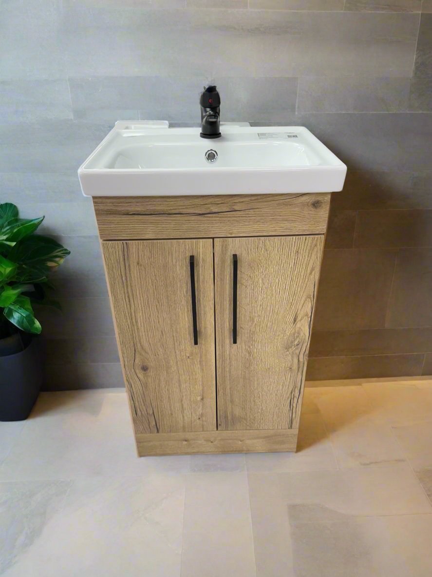 Novo Frame Oak Wood 500mm 2-Door Floorstanding Bathroom Vanity Unit with Nano Glazed Ceramic Basin