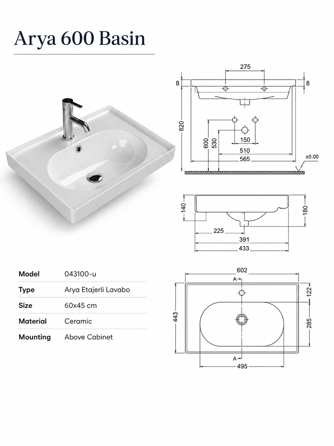 Novo 600mm Frame White DTA 2-Door Floorstanding Vanity unit with Nano Glazed Ceramic Basin