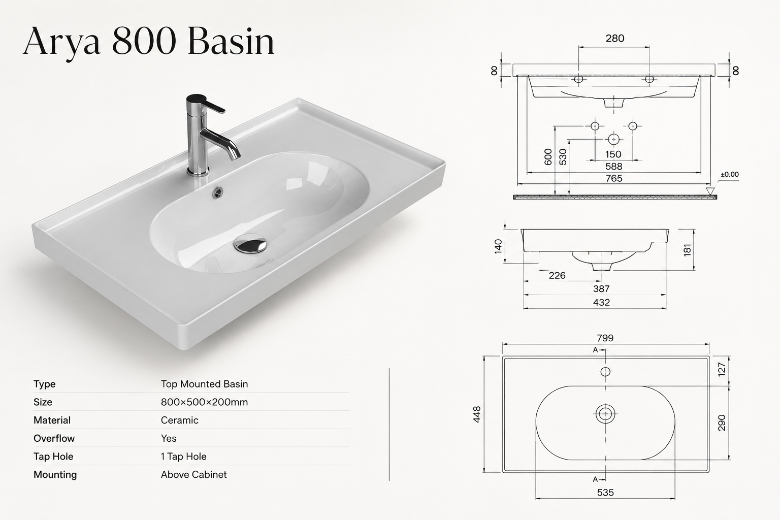 Novo Arya 800mm 3-Draw GunMetal Floorstanding Vanity unit with Nano Glazed Ceramic Basin