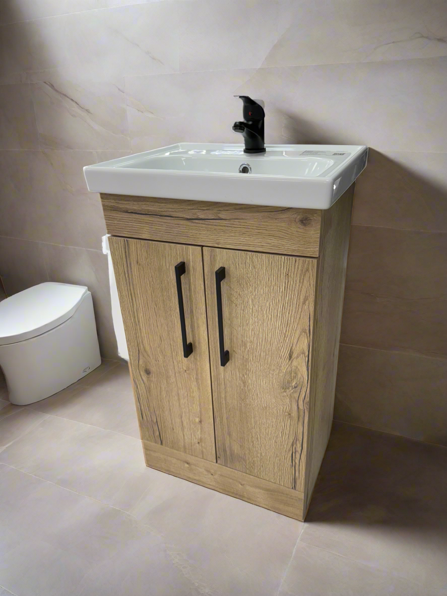 Novo Frame Oak Wood 500mm 2-Door Floorstanding Bathroom Vanity Unit with Nano Glazed Ceramic Basin