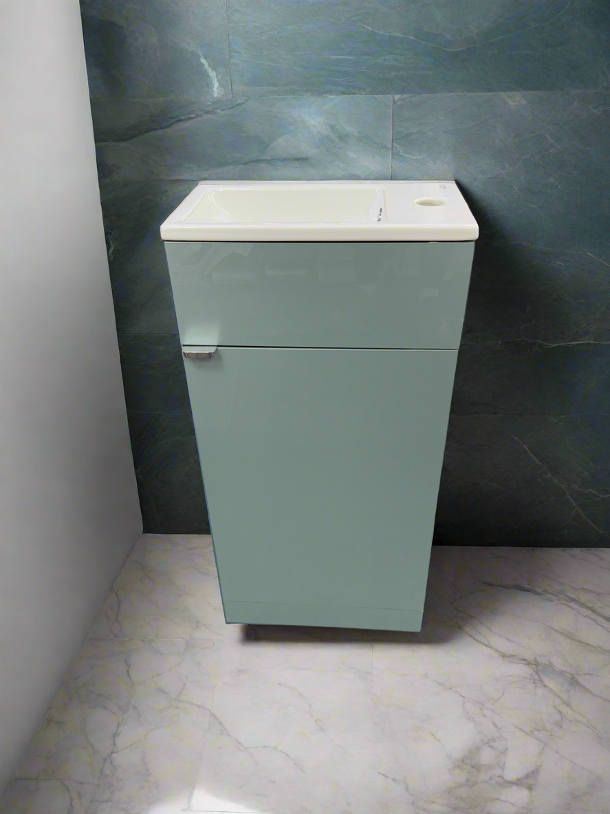 Novo Mini L 400mm Blue Metallic Cloakroom Floorstanding Vanity unit with Nano Glazed Ceramic Basin