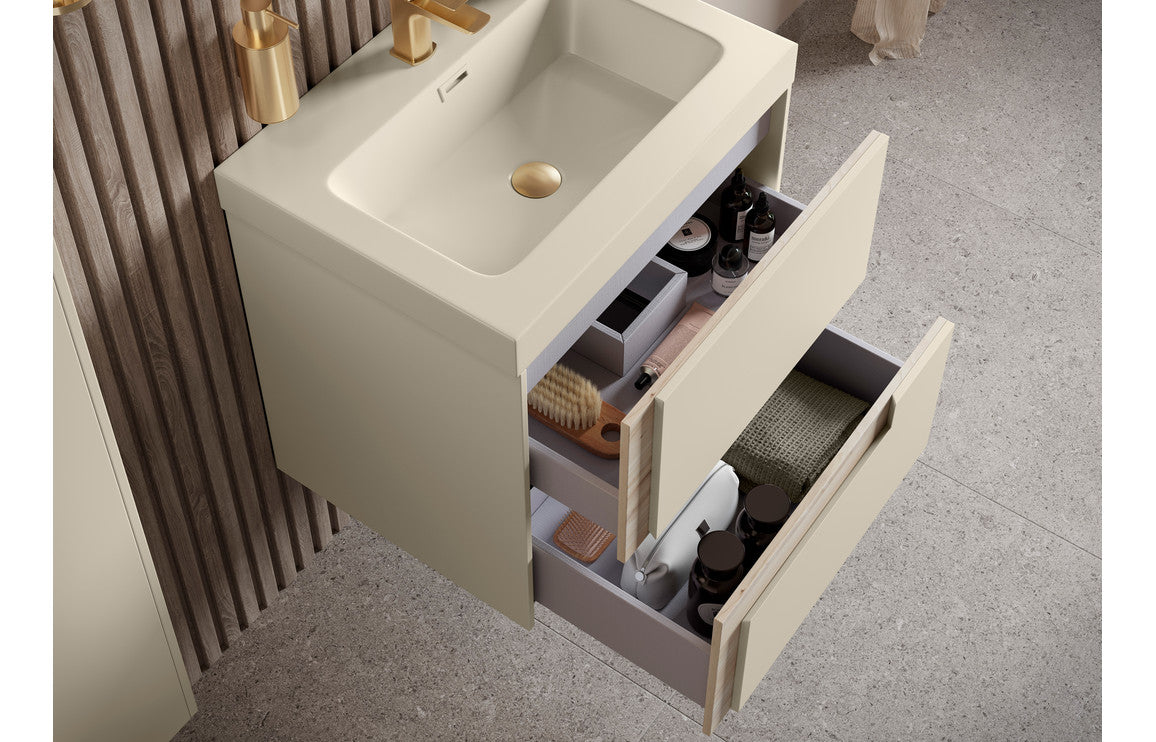 Cresta 815mm Wall Hung 2 Drawer Basin Unit & White Basin - Matt Cotton & Oak Effect