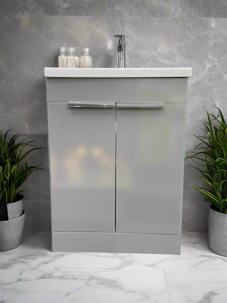 Novo 1187-60 600mm Grey Gloss 2-Door Floorstanding Vanity unit & Nano Glazed Ceramic Basin