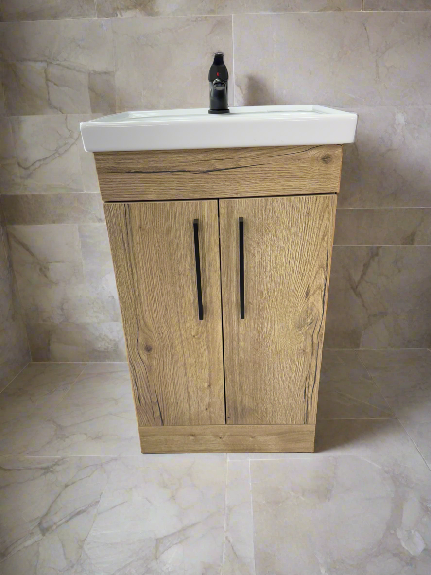 Novo Frame Oak Wood 500mm 2-Door Floorstanding Bathroom Vanity Unit with Nano Glazed Ceramic Basin