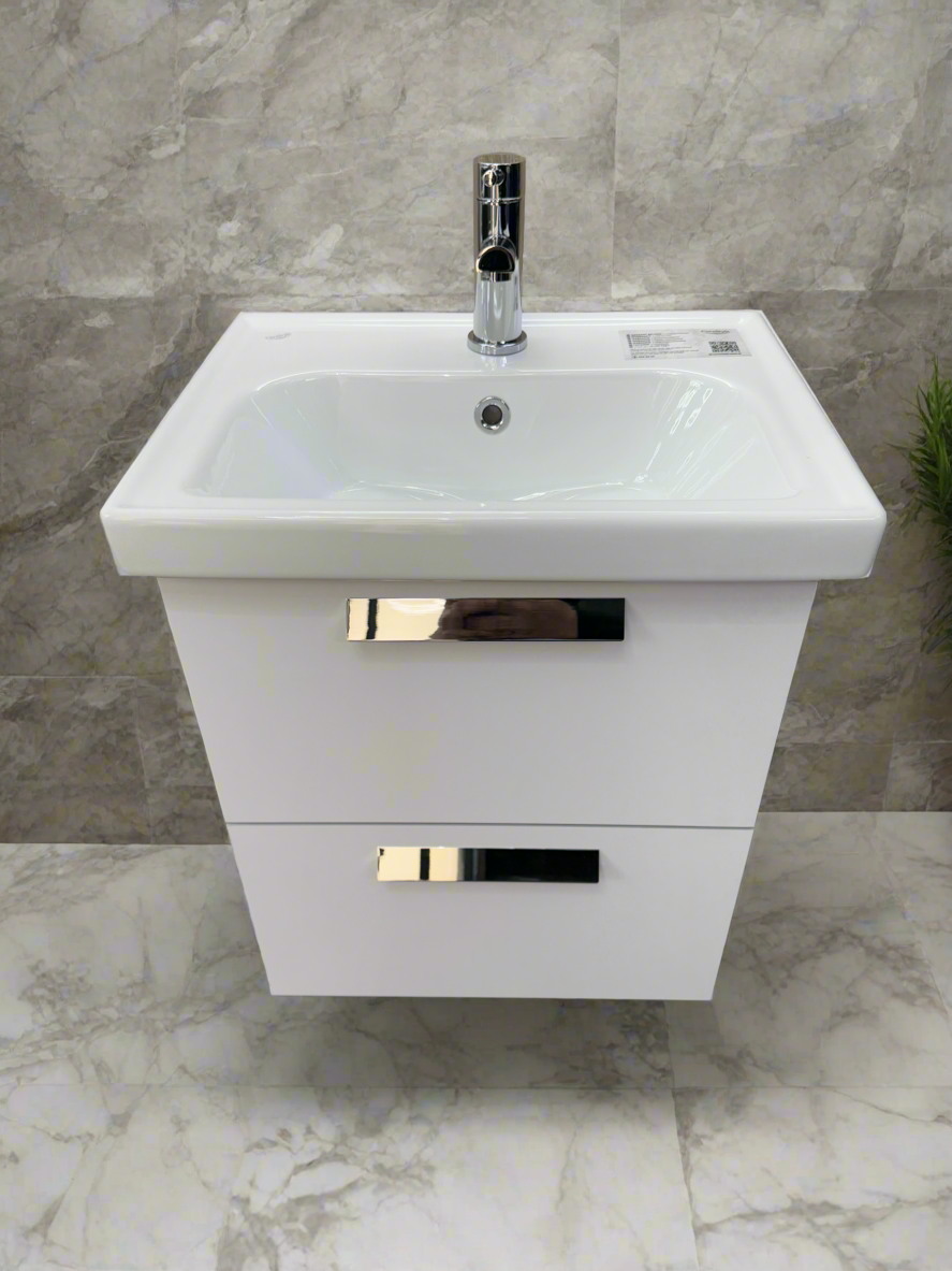 Novo Frame 500mm White Gloss 2-Draw Wall Hung Bathroom Vanity Unit with Nano Glazed Ceramic Basin