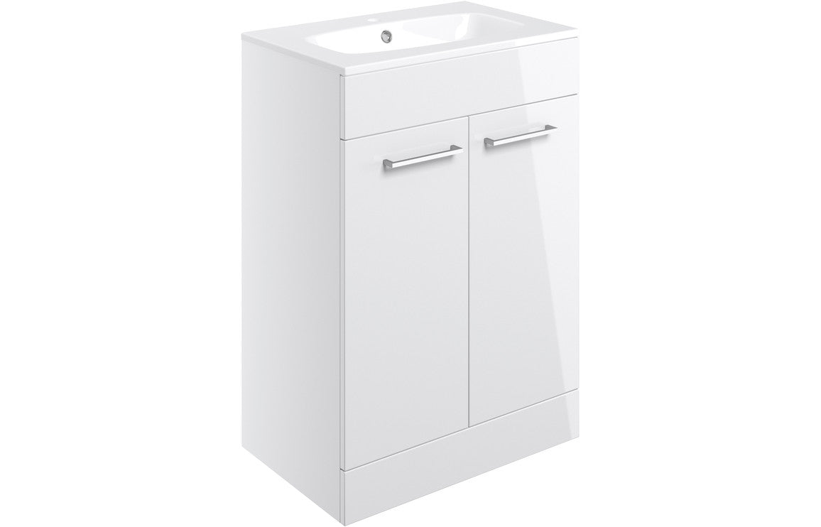 Volta 610mm Floor Standing 2 Door Basin Unit & Basin - White Gloss