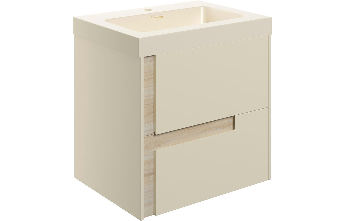 Cresta 605mm Wall Hung 2 Drawer Basin Unit & Co-ordinating Basin - Matt Cotton & Oak Effect