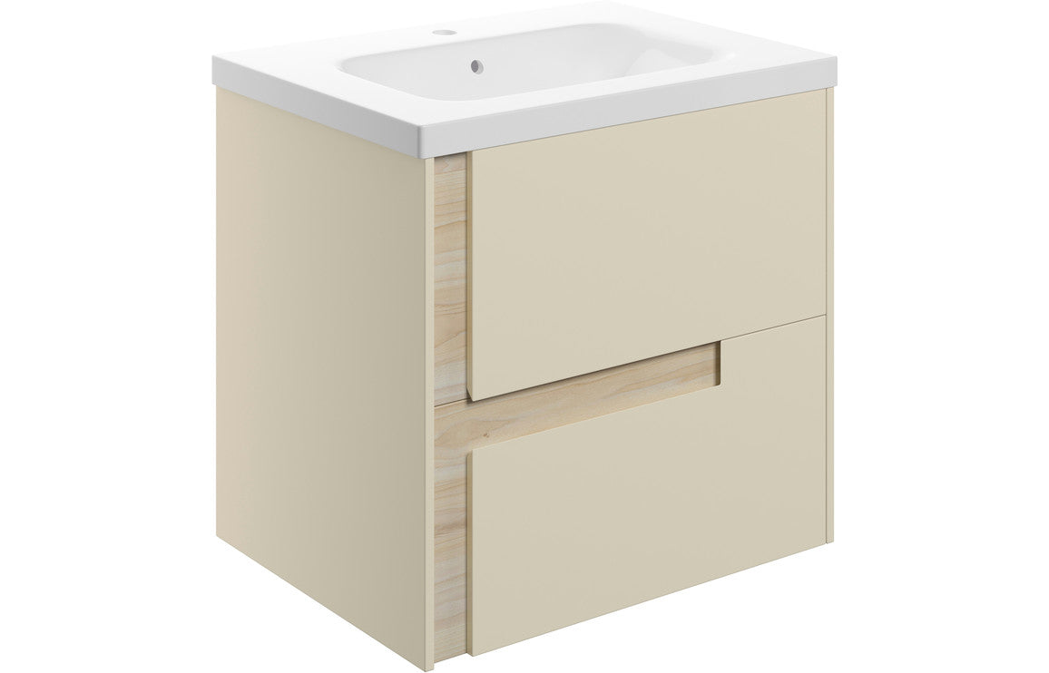 Cresta 615mm Wall Hung 2 Drawer Basin Unit & White Basin - Matt Cotton & Oak Effect
