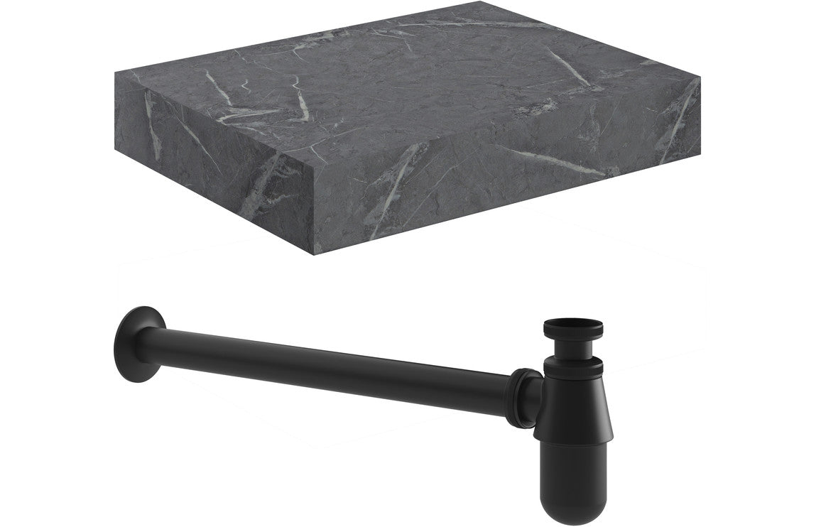 Nature 800mm Wall Hung Grey Marble Basin Shelf & Bottle Trap