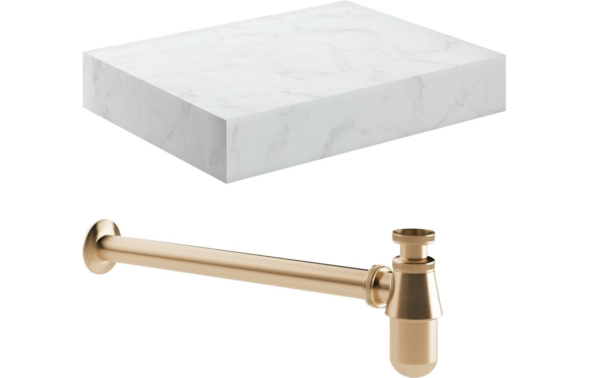 Nature 800mm Wall Hung White Marble Basin Shelf & Bottle Trap