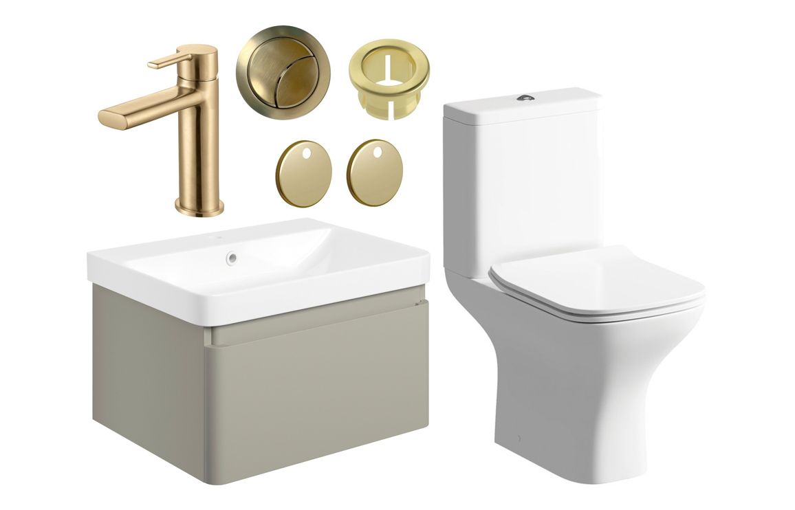 Cosmos 600mm Basin Unit & Close Coupled WC Pack w/Brushed Brass Finishes