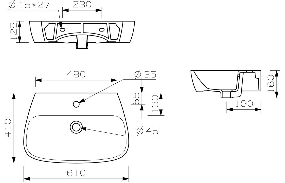 Tilia 600x400mm 1TH Basin & Full Pedestal