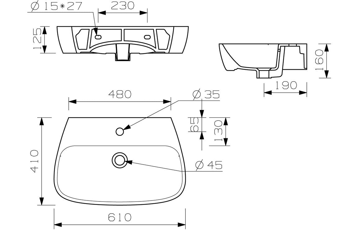 Amyris 600x400mm 1TH Basin & Full Pedestal