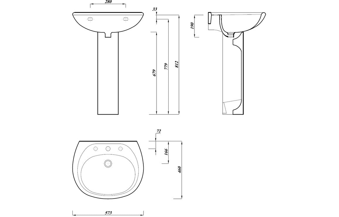 2Go 573x460mm 2TH Basin & Full Pedestal