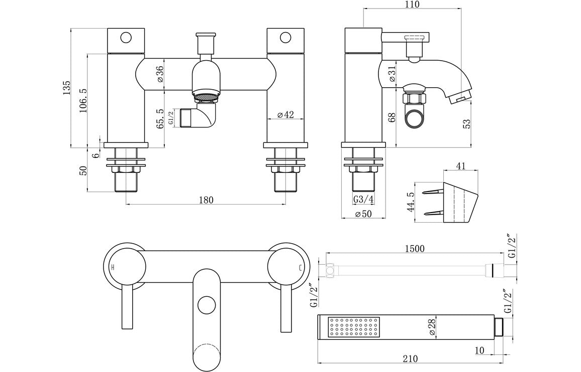 Pescara Bath/Shower Mixer & Bracket - Brushed Brass