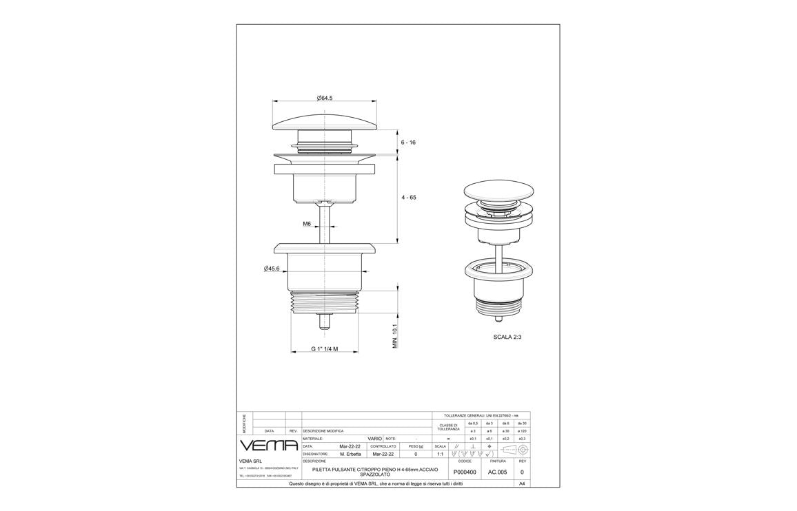 Vema Unslotted Push Button Waste - Chrome