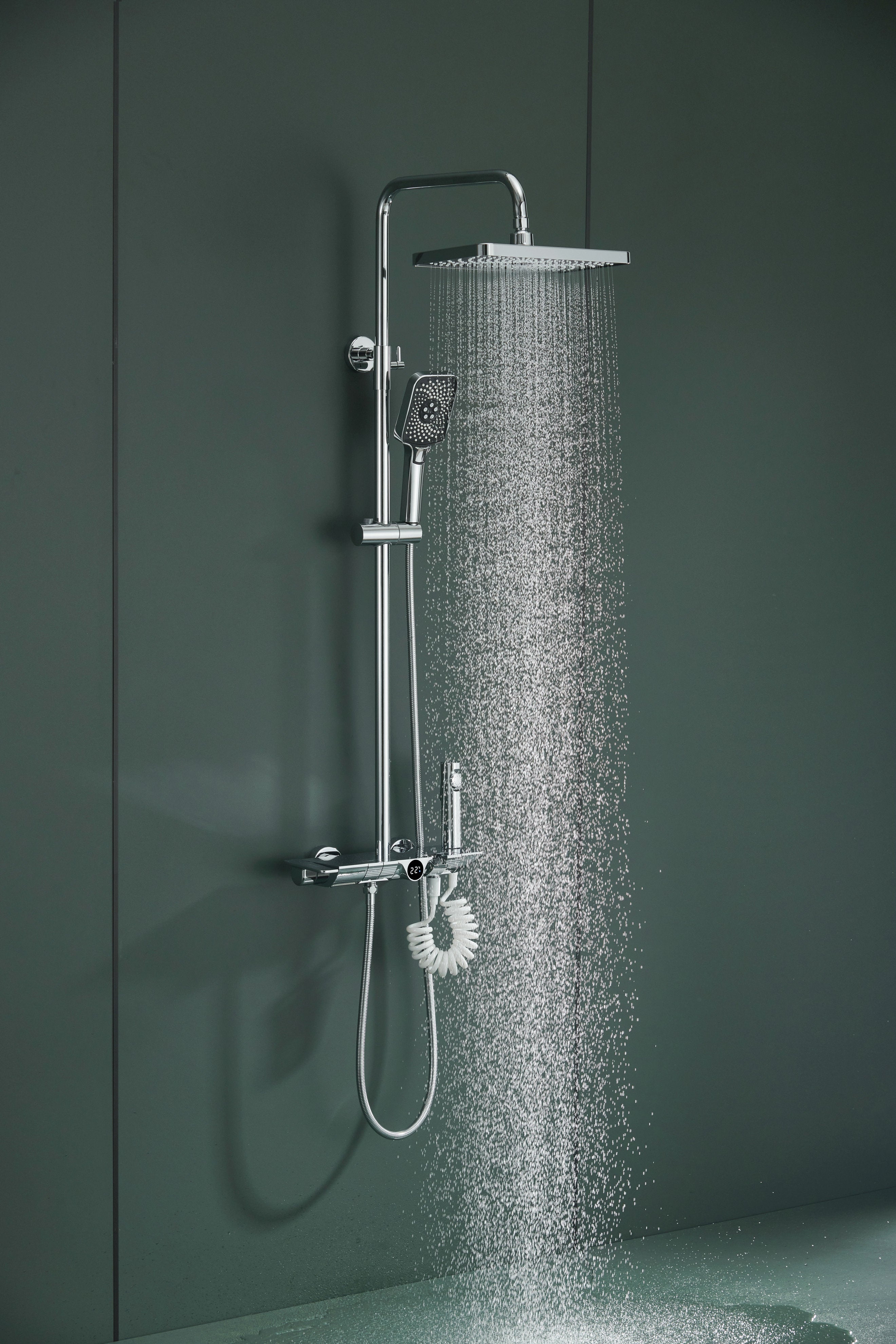 Novo Dynamic Thermostatic Chrome Modern Mixer Shower System 4-Function Solid Brass