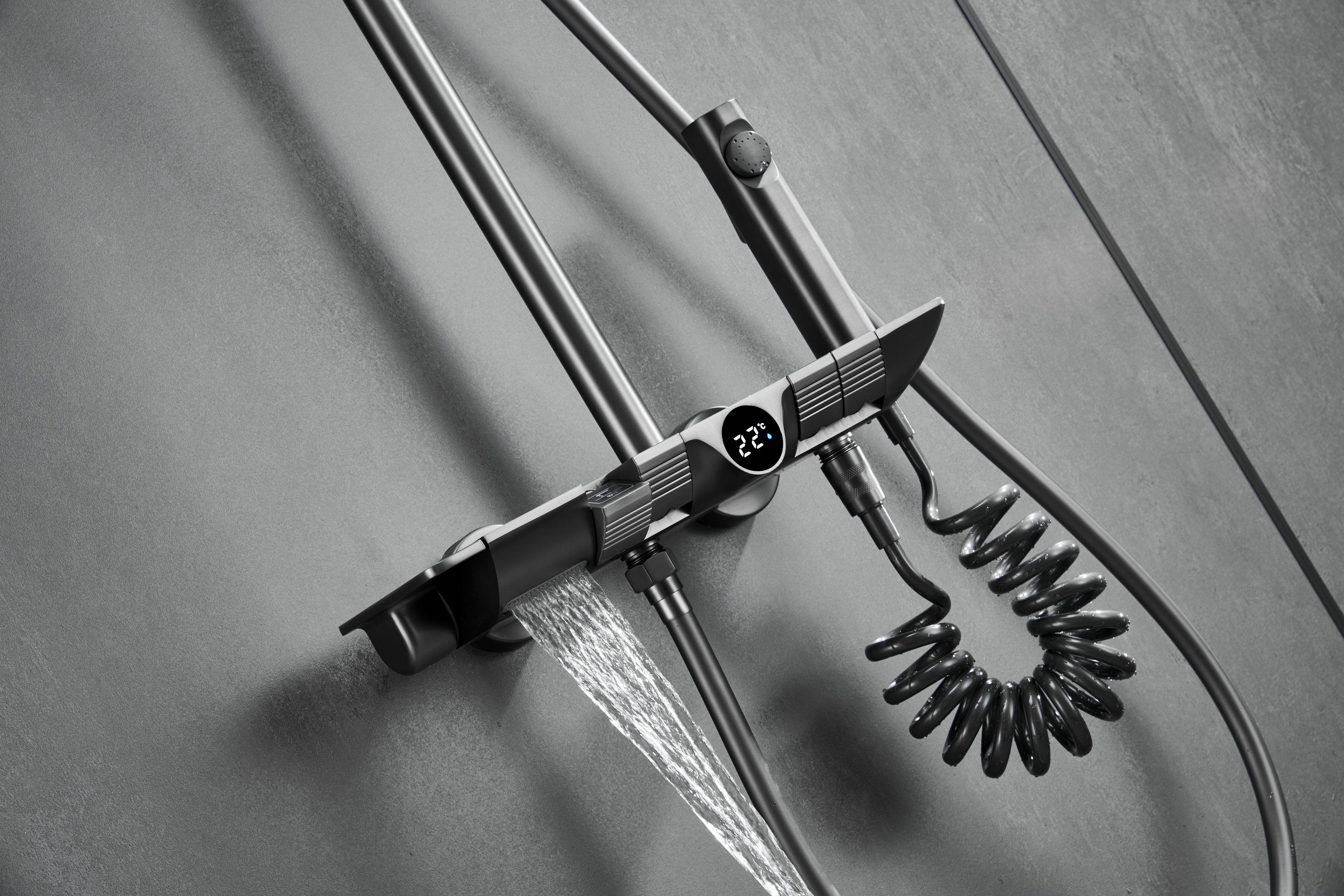 Novo Dynamic Thermostatic Brushed Gunmetal Modern Mixer Shower System 4-Function Solid Brass