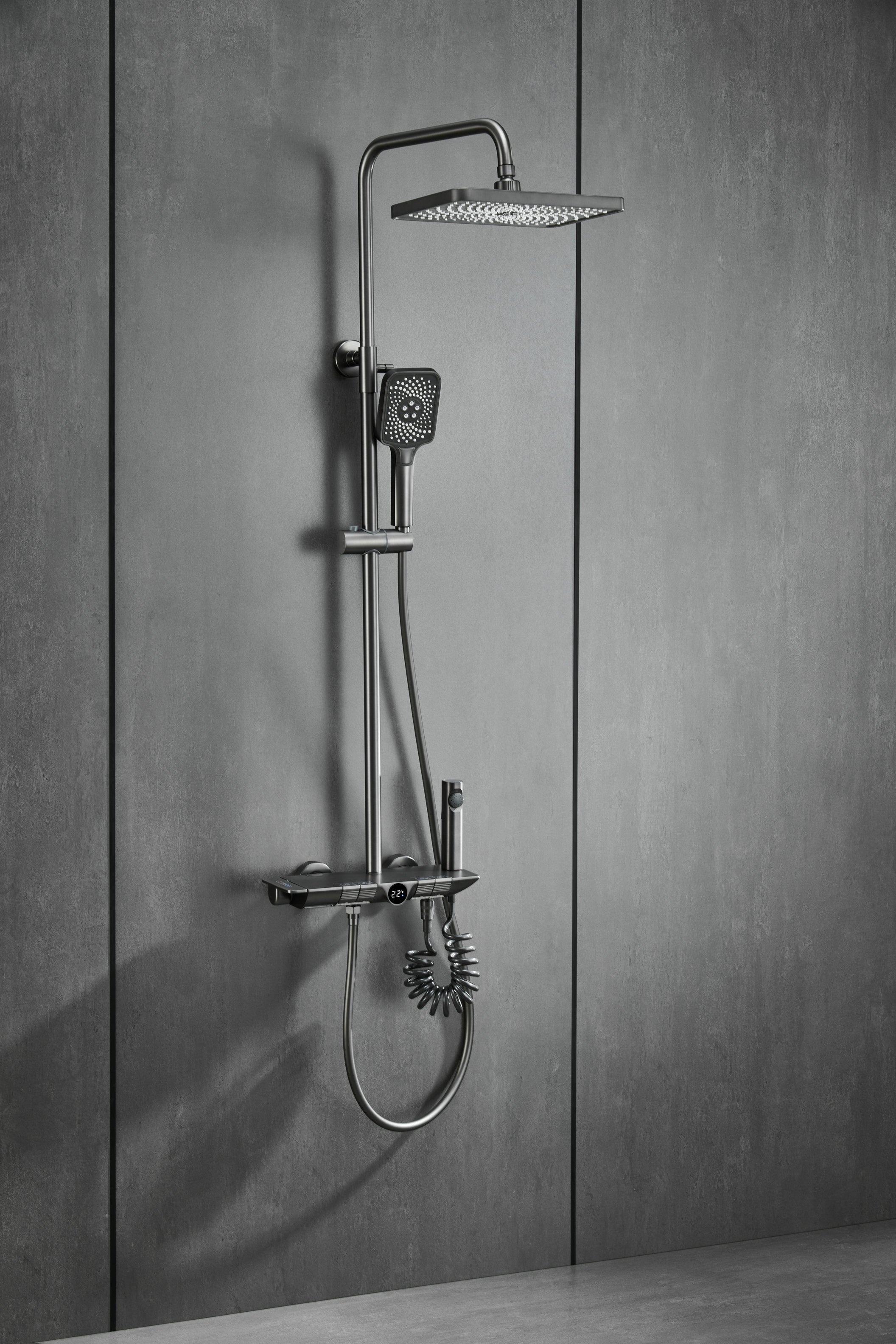 Novo Dynamic Thermostatic Brushed Gunmetal Modern Mixer Shower System 4-Function Solid Brass