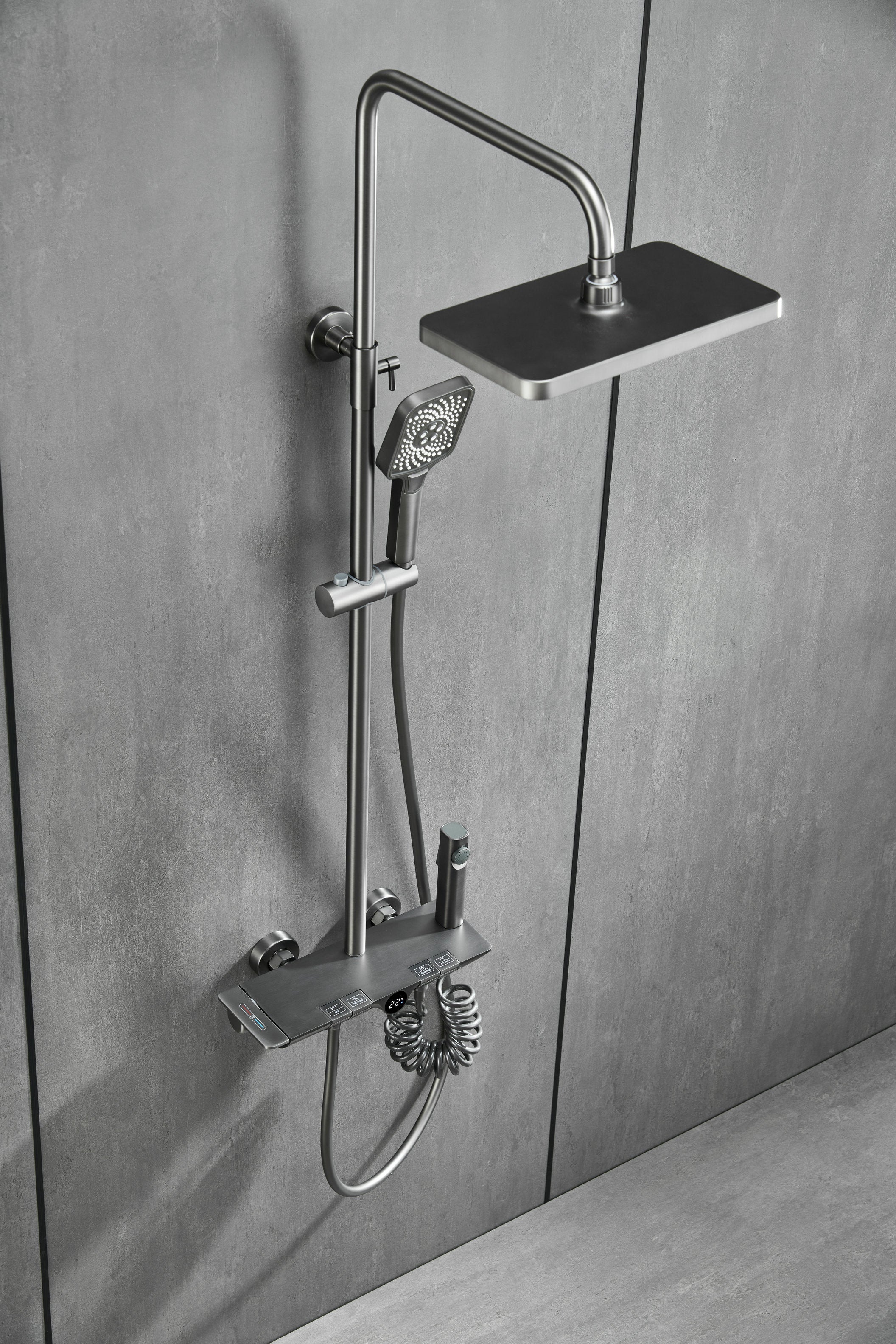 Novo Dynamic Thermostatic Brushed Gunmetal Modern Mixer Shower System 4-Function Solid Brass
