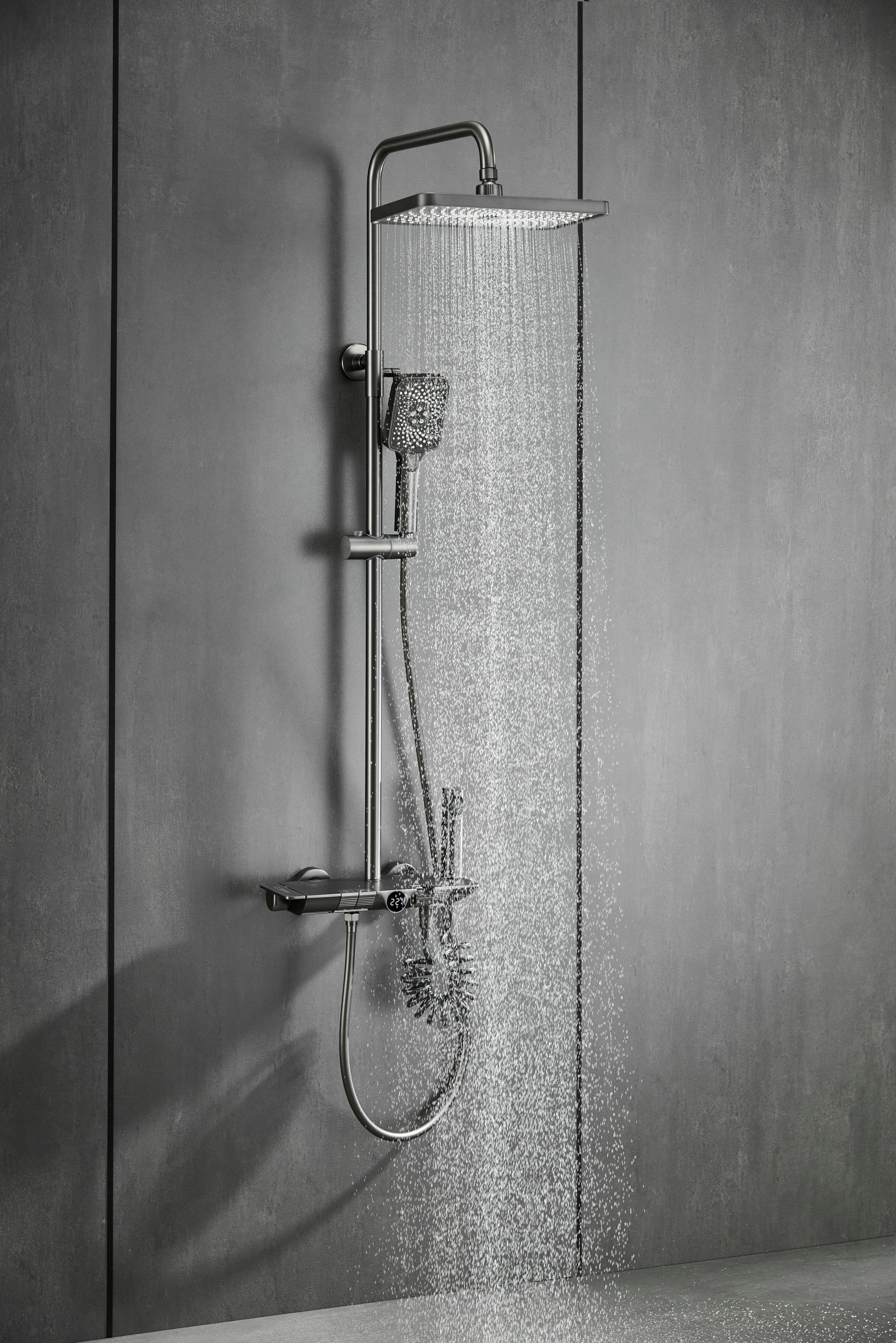Novo Dynamic Thermostatic Brushed Gunmetal Modern Mixer Shower System 4-Function Solid Brass