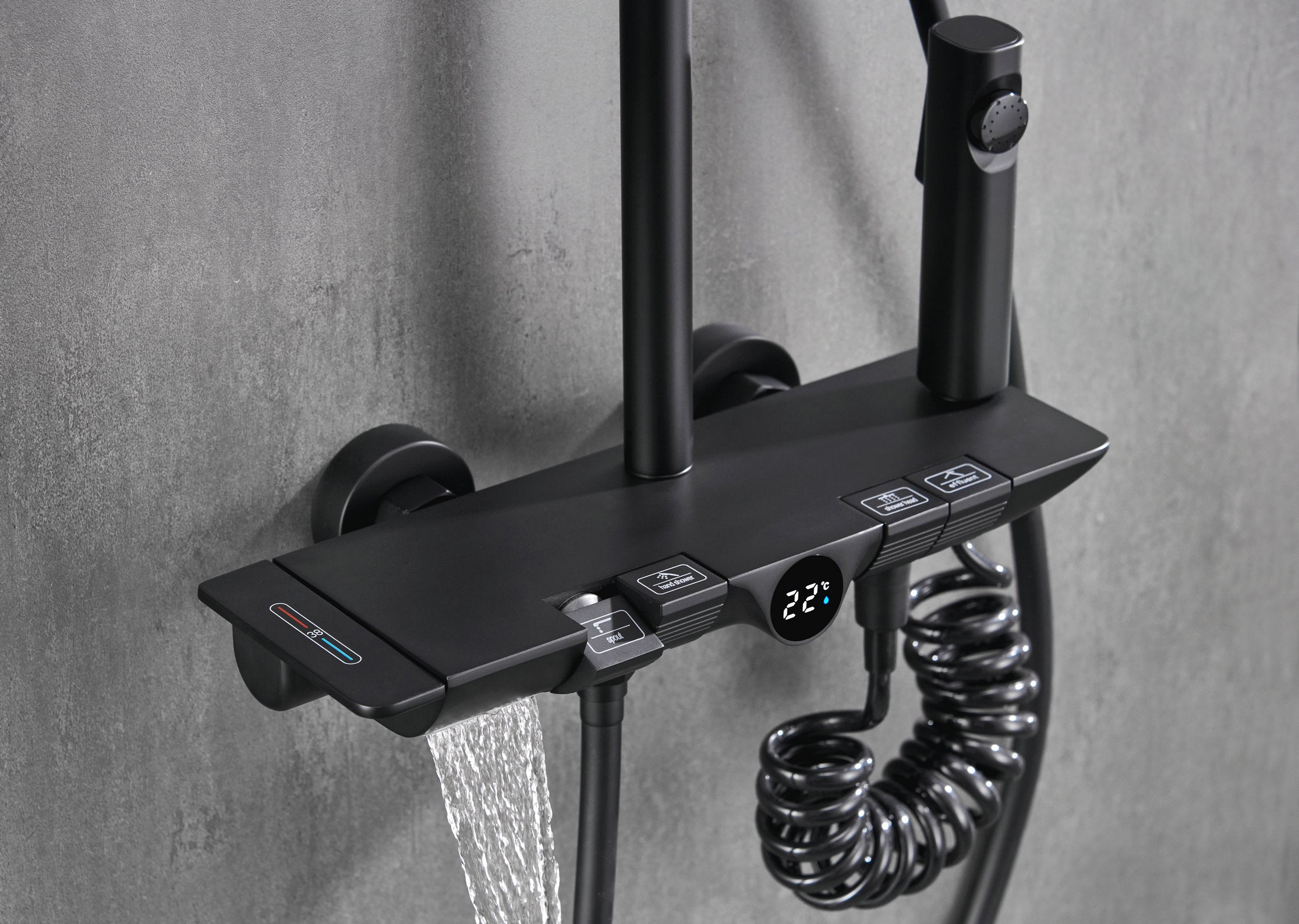 Novo Dynamic Thermostatic Matt Black Modern Mixer Shower System 4-Function Solid Brass