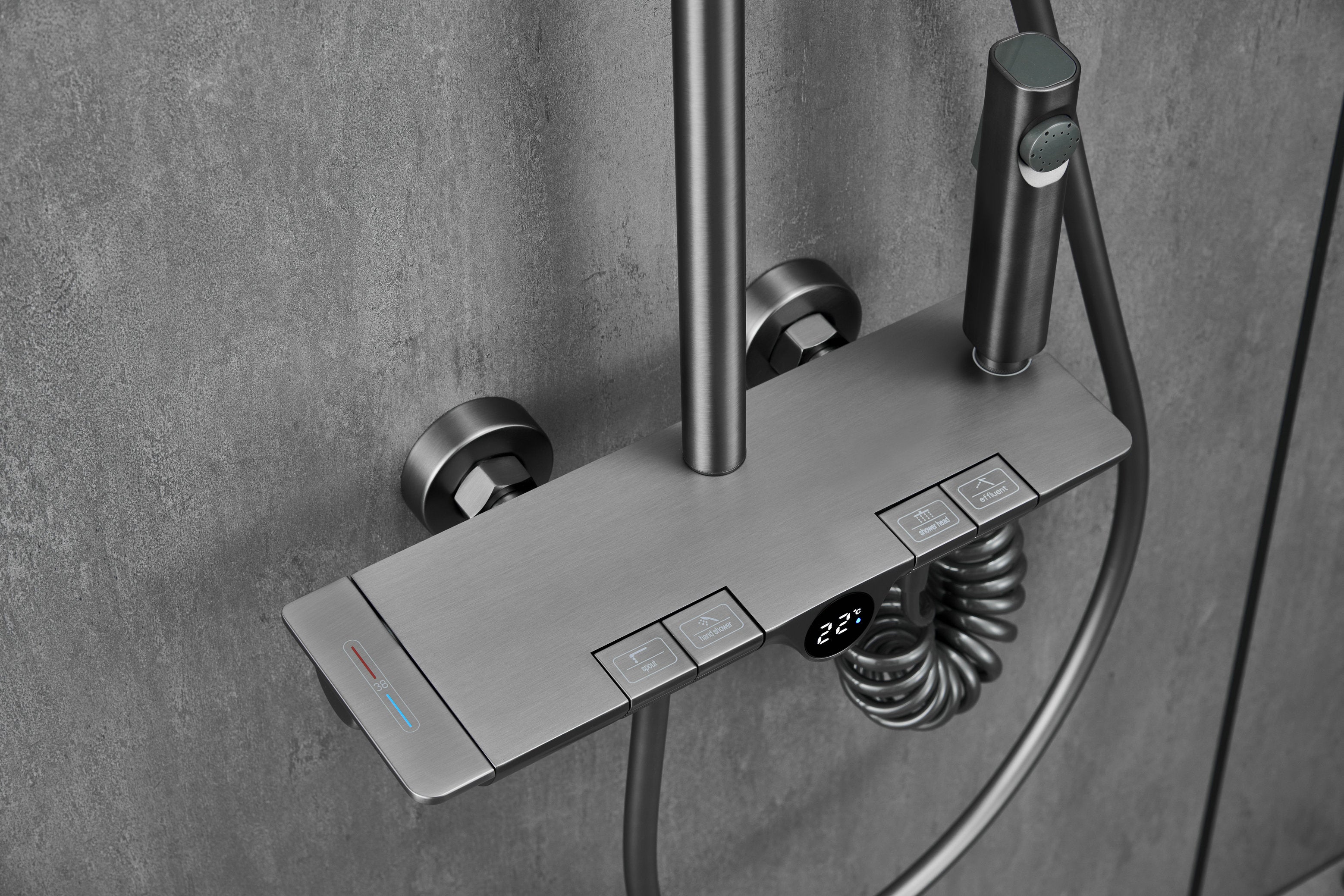 Novo Dynamic Thermostatic Brushed Gunmetal Modern Mixer Shower System 4-Function Solid Brass