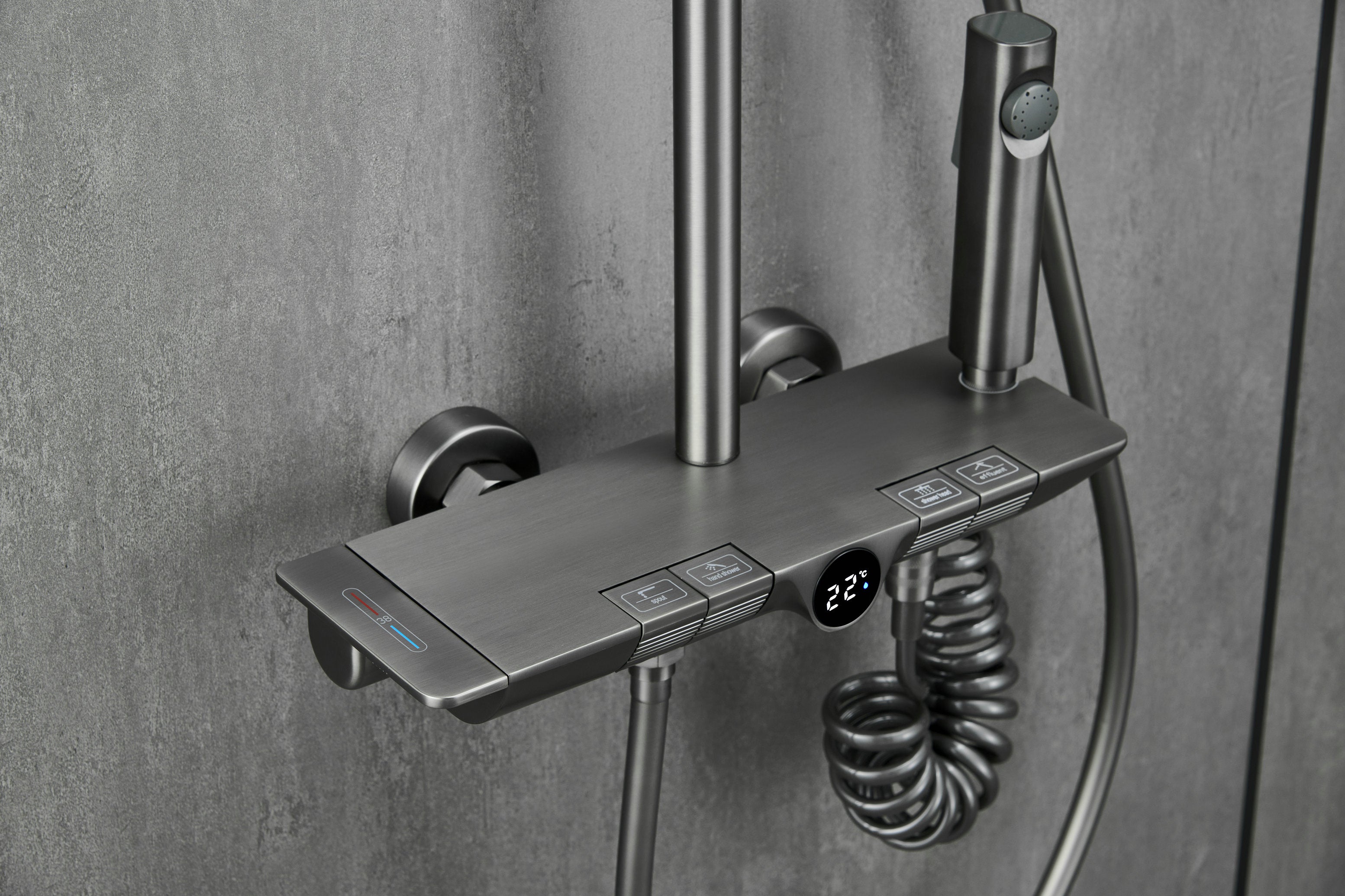 Novo Dynamic Thermostatic Brushed Gunmetal Modern Mixer Shower System 4-Function Solid Brass