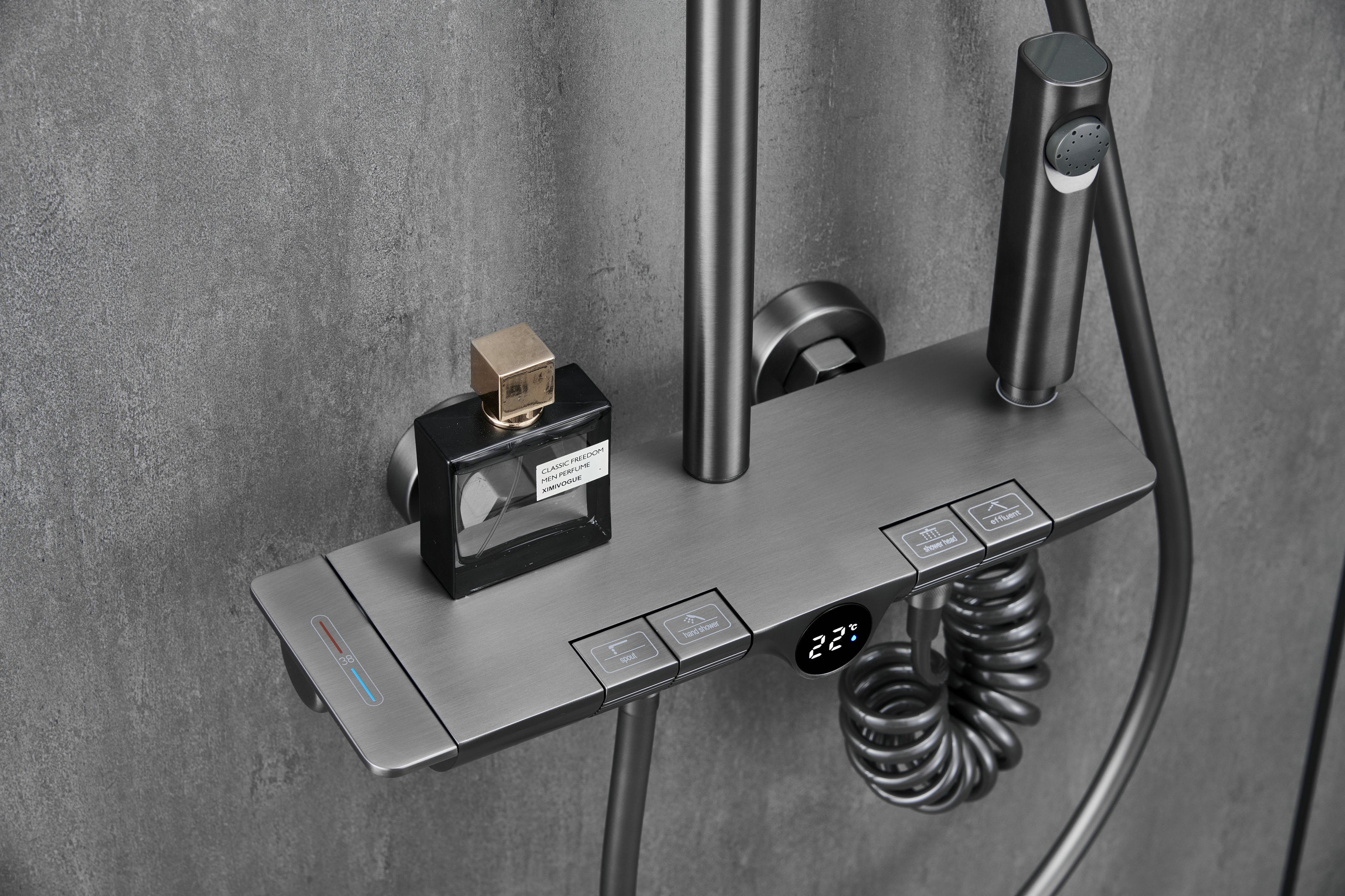 Novo Dynamic Thermostatic Brushed Gunmetal Modern Mixer Shower System 4-Function Solid Brass