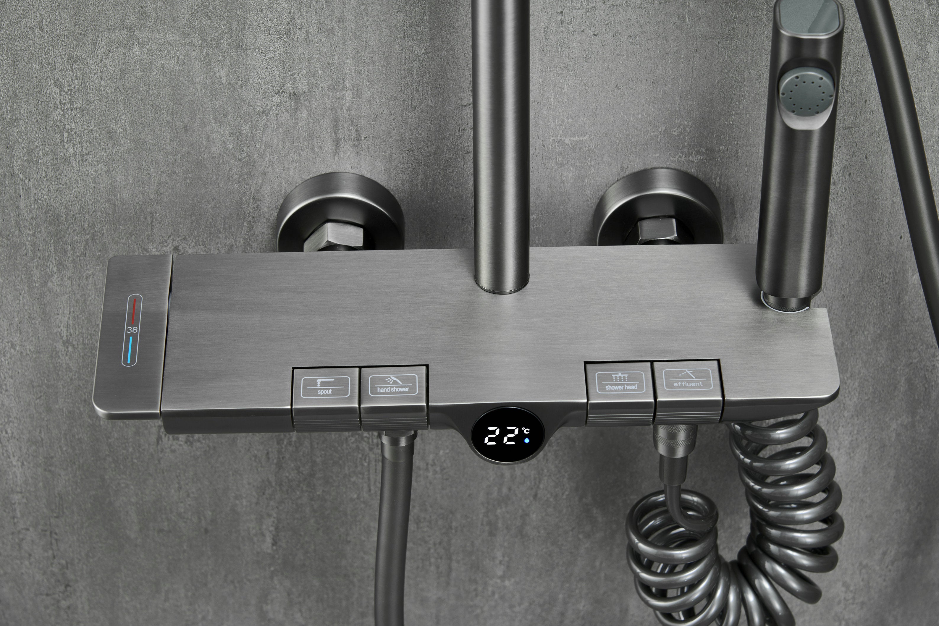 Novo Dynamic Thermostatic Brushed Gunmetal Modern Mixer Shower System 4-Function Solid Brass