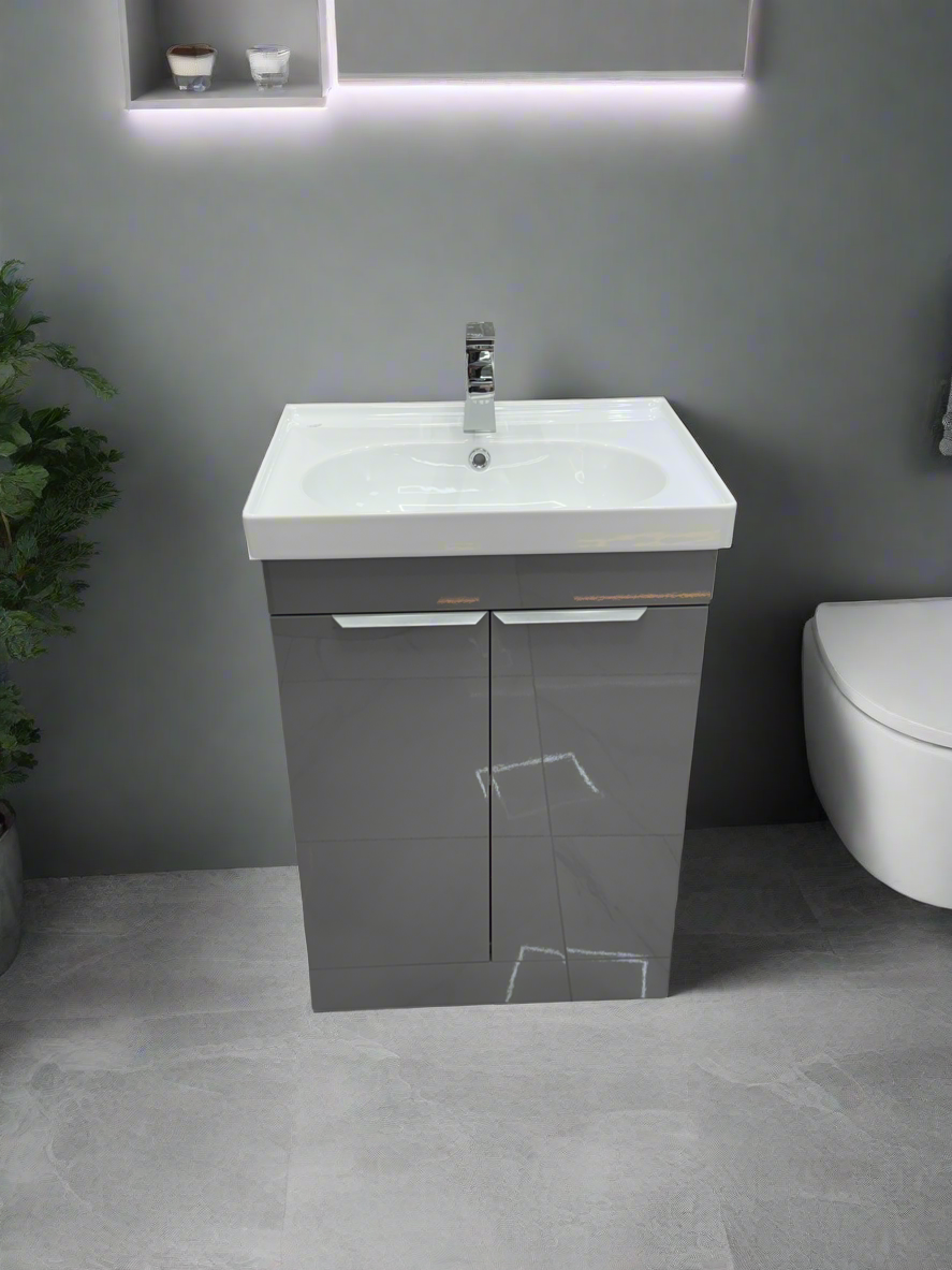Novo 600mm Arya Smoke Grey 2-Door Floorstanding Vanity unit with Nano Glazed Ceramic Basin