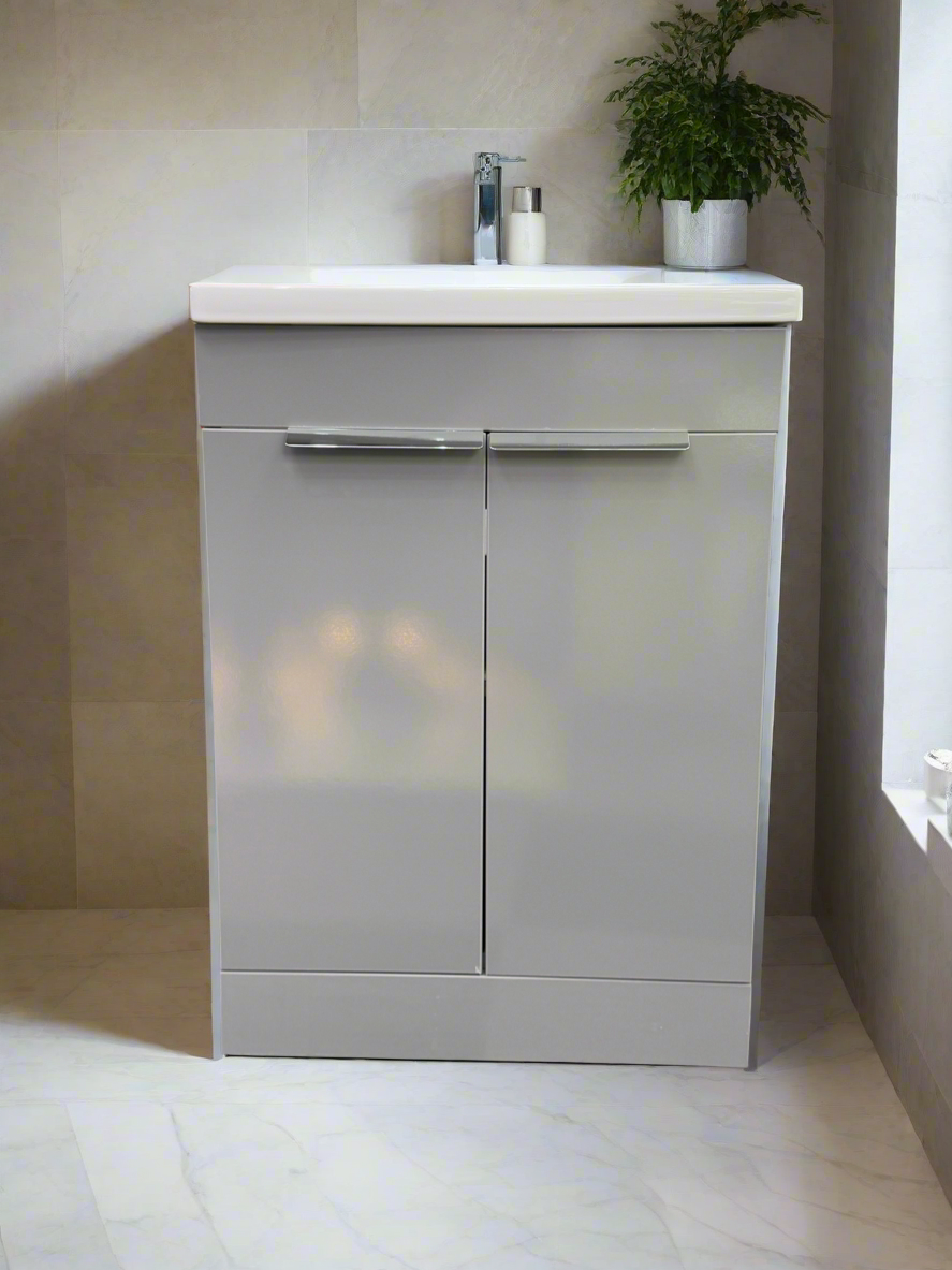 Novo 1187-60 600mm Grey Gloss 2-Door Floorstanding Vanity unit & Nano Glazed Ceramic Basin